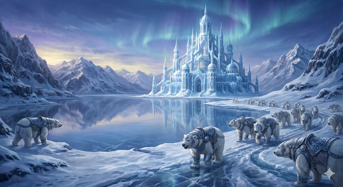 A towering, exquisite palace carved from solid ice and snow, surrounded by a frozen lake and armored white bears.